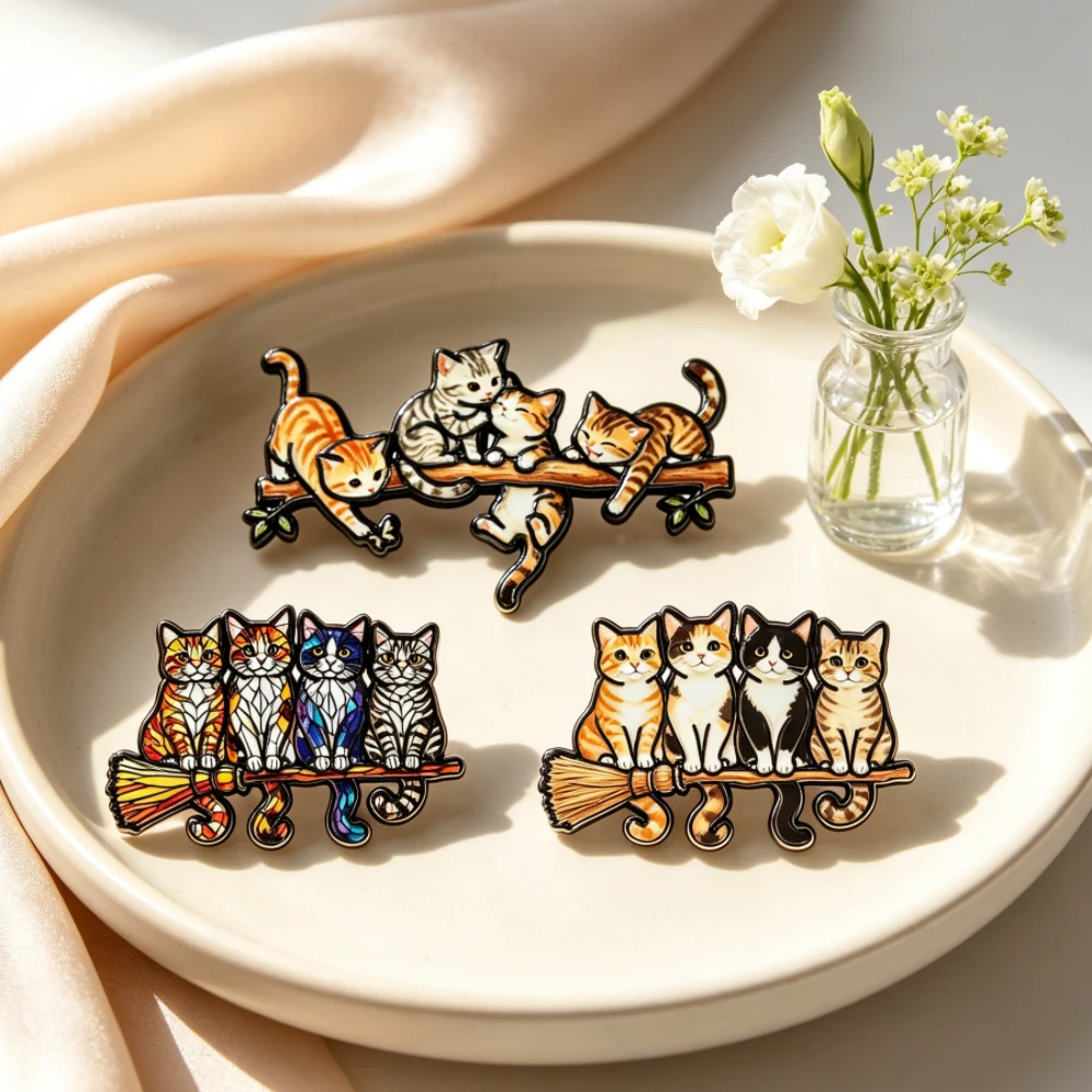 3 Styles Schwarze Katzen Emaille-Anstecknadeln, Niedliche Buchwurm-Kätzchen-Pfoten-Broschen, Buchliebhaber-Abzeichen, Sonnenblumen-Hexenbesen-Schmuck, Geschenk für Freunde – Detail 1