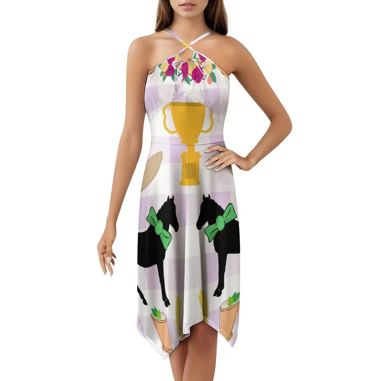 فستان My Old Home على الطراز الكوري للنساء فستان كاجوال أنيق للحفلات أو الارتداء اليومي منزلي القديم ديربي سباق الخيل امرأة الحصان