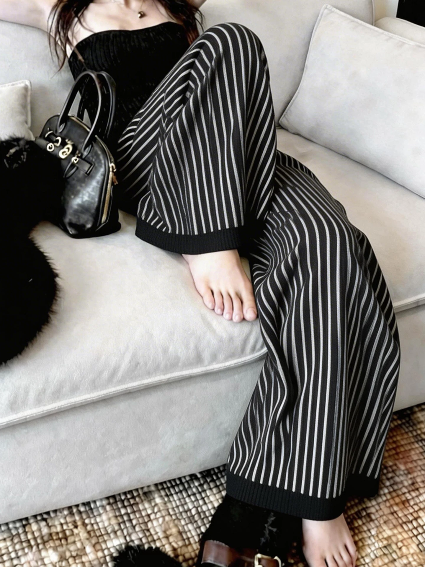 

Loose Wide Leg Pants Korean Design Striped Casual Commute Women's High Waist Straight Cut Summer Long Trousers Fashionable