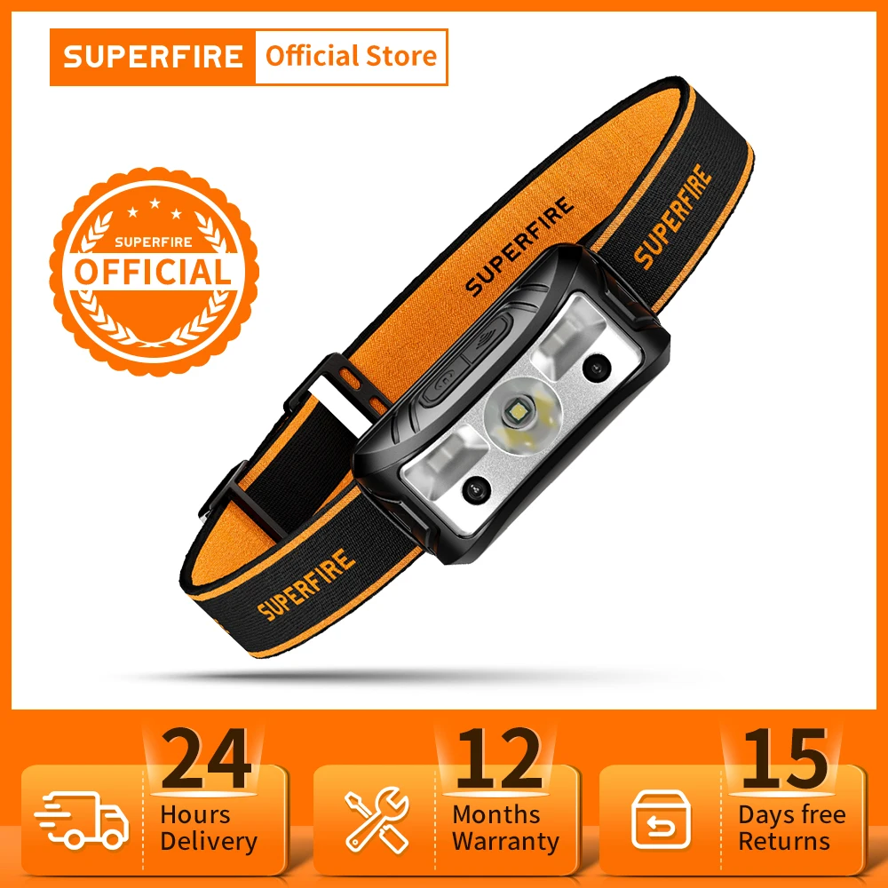 SUPERFIRE HL05-K Induction LED Headlamp with White/Yellow/Red Light Headlight USB-C Rechargeable Head Flashlight Camping Lantern