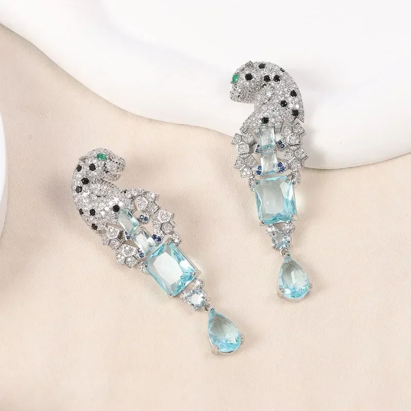 Full CZ Zircon Leopard Waterdrop Earrings Green Eyes Square Crystal 925 Needle Panther Animal Earrings for Women Party Gift