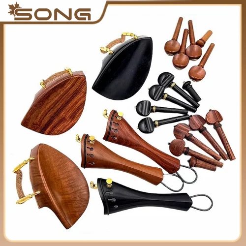 Imagen 1 del producto 1 Juego de piezas de accesorios de madera de ébano/palisandro/jujube para violín 4/4, pieza trasera + clavijas de afinación + pasadores + soporte para barbilla