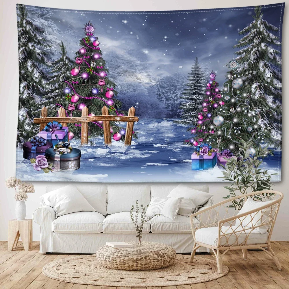 HD-Christmas Snowy Landscape Tapestry with Carriage – Bohemian Winter Wall Hanging for Living Room, Bedroom Holiday Home Decor