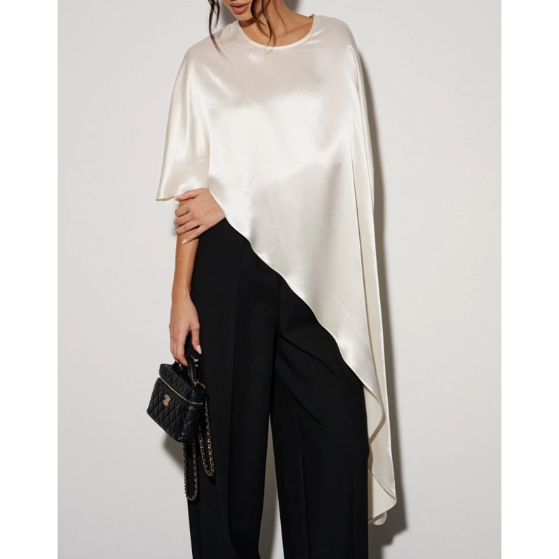 Women Asymmetrical Hem Poncho Shawl Wraps Satin Silky Round Neck Dressy Cape Top Flowy Loose Fit Y2k Cover Up Blouses