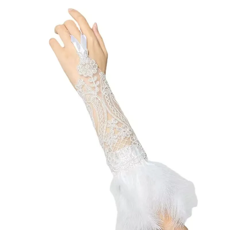 Fashion High Quality Elegant Long Lace Gloves Fingerless Elbow Wedding Bride Gloves Halloween Elegant  Accessory With Feathers