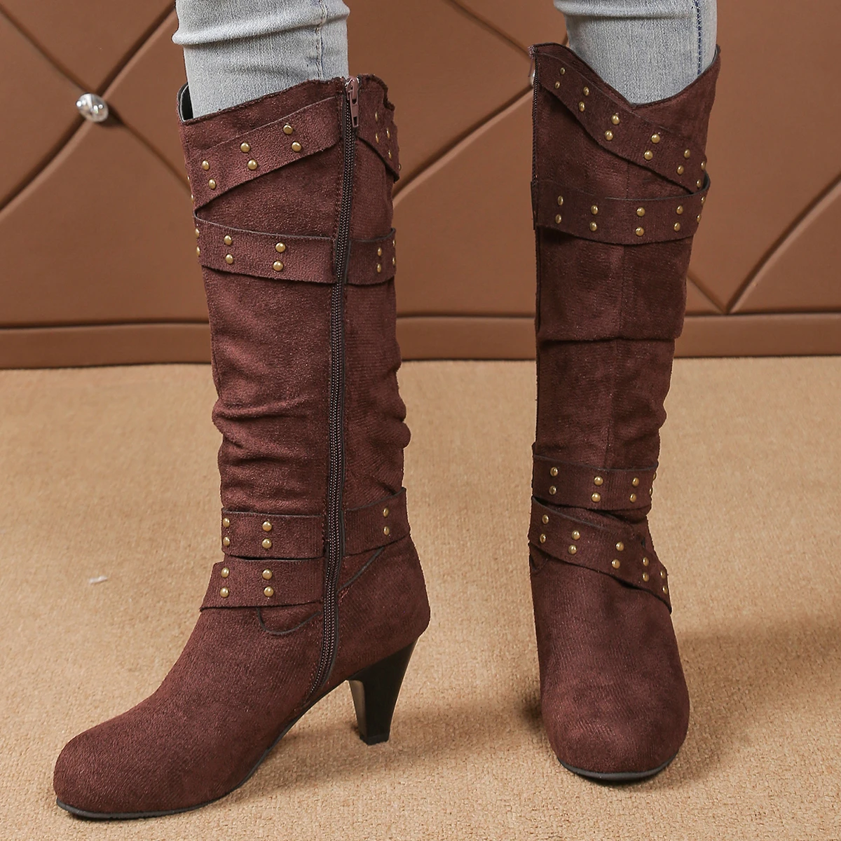 2026 New Women's Solid Color Velvet Tight Slim Boots Spring and Autumn Fashion Retro Side Zipper Design High Heel Western Boots