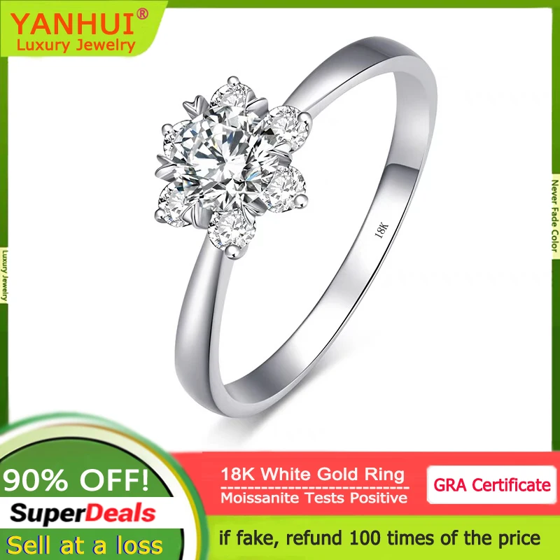 Luxury 18K White Gold Ring Women's Chic Sunflower Surrounding 1 Carat Moissanite Diamond Ring Bride Wedding Band Fine Jewelry