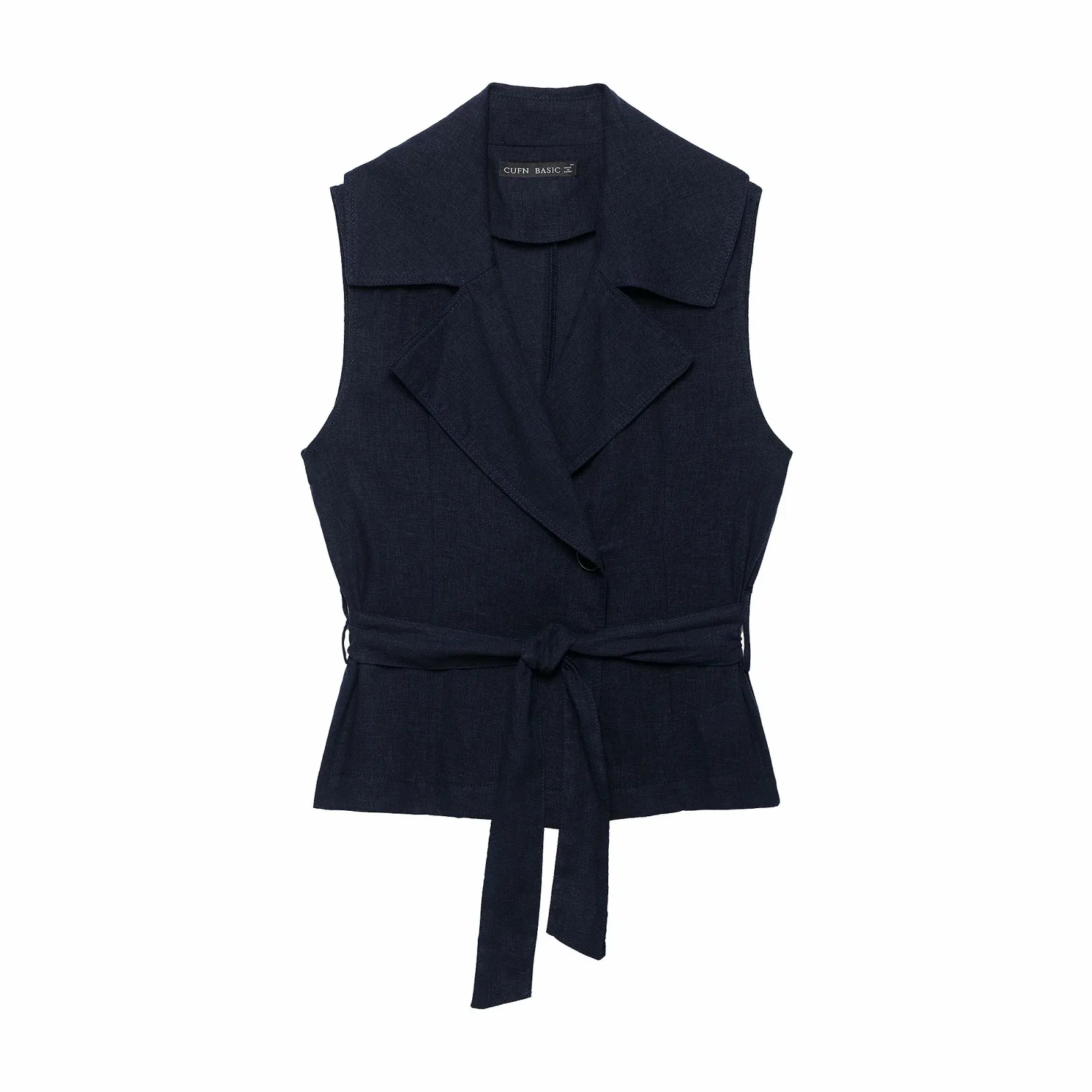 Damen Marineblau 2-Teiliges Set Ärmellose Blazer-Weste mit Revers und Gürtel + Hochgeschnittene Plissierte Weite Culottes-Shorts Damenanzug – Detail 4