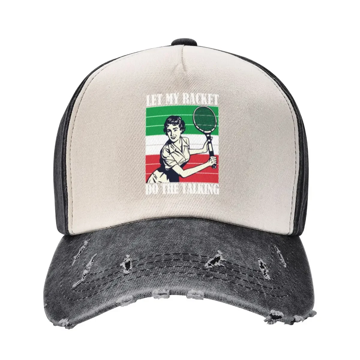 

Italian Tennis Player Girl And Woman Vintage Retro Italia Let The Racket Do The Talking Funny Tennis Quote And Sayi Baseball Cap