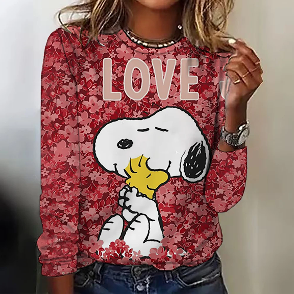 Letter &Snoopy print T-shirt, Casual Long Sleeve Crew Neck T-shirt For Spring & Summer, Women\'s Clothing