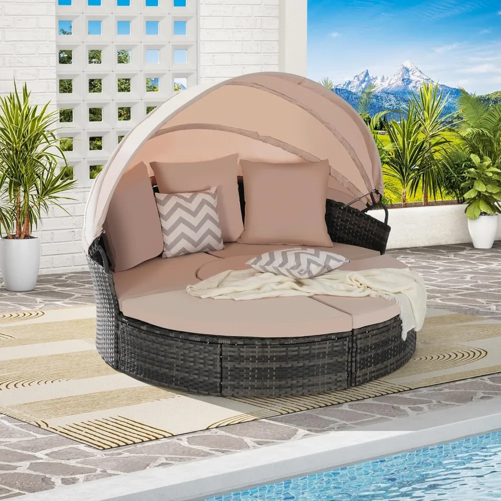 

5 Pieces Outdoor Patio Round Daybed Furniture, Rattan Sunbed Frame with Retractable Canopy, Soft Cushions and Table, Outdoor Can
