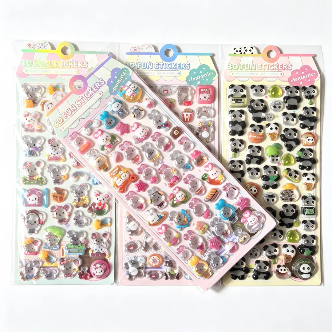 4Sheets Kawaii Mini Animal Crystal Stickers 3D Epoxy Glossy Panda Hamster Stickers, Decorative Stickers for DIY Crafts
