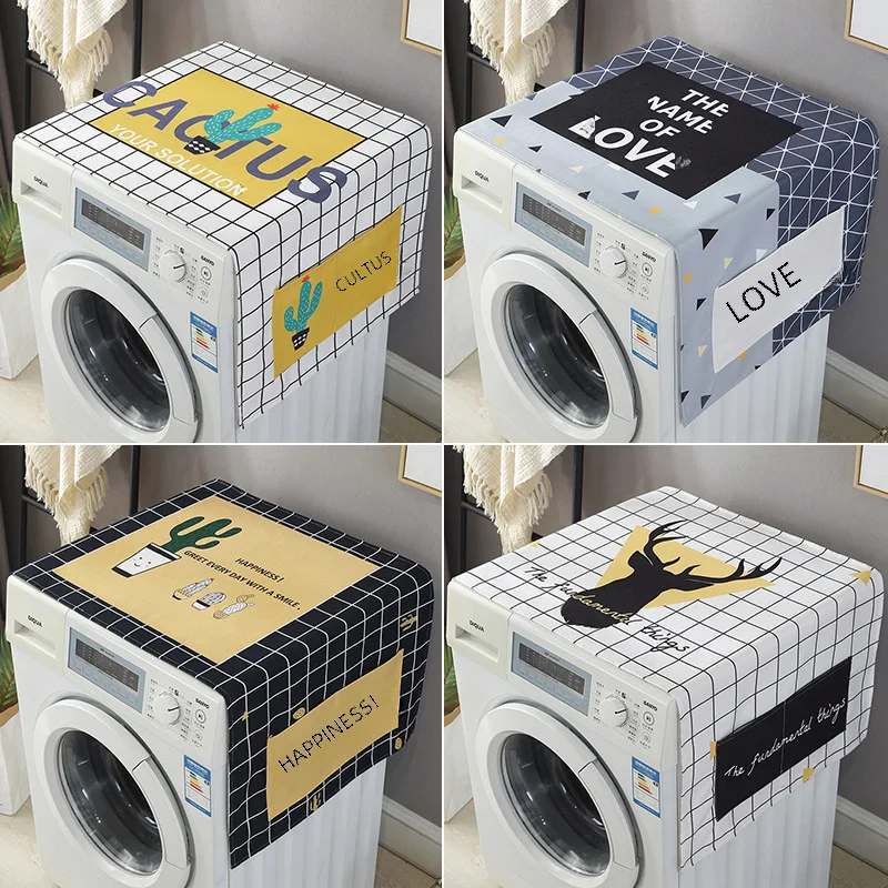 Nordic Style Geometric Fabric Cotton and Linen Roller Washing Machine Cover Cloth Dust Cover Single and Double Door Refriderator