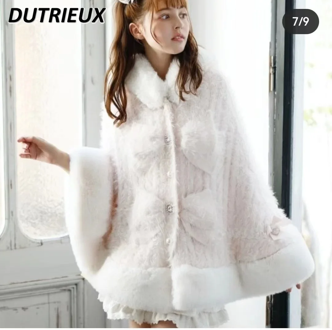 Japanese Style Sweet Cute Faux Rabbit Fur Cape Coat Women\'s Winter Hooded Single-Breasted Batwing Sleeve Sweater Cardigan