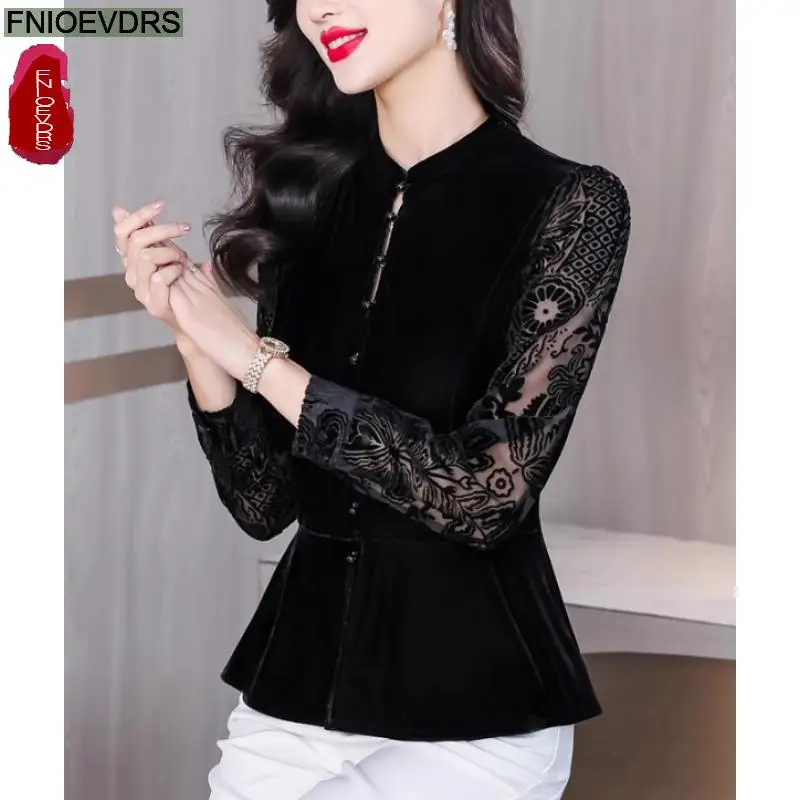 Black Lace Velvet Retro Vintage Peplum Tops New Design Women 2024 Autumn Long Sleeve French Style Hollow Basics Shirts Blouses