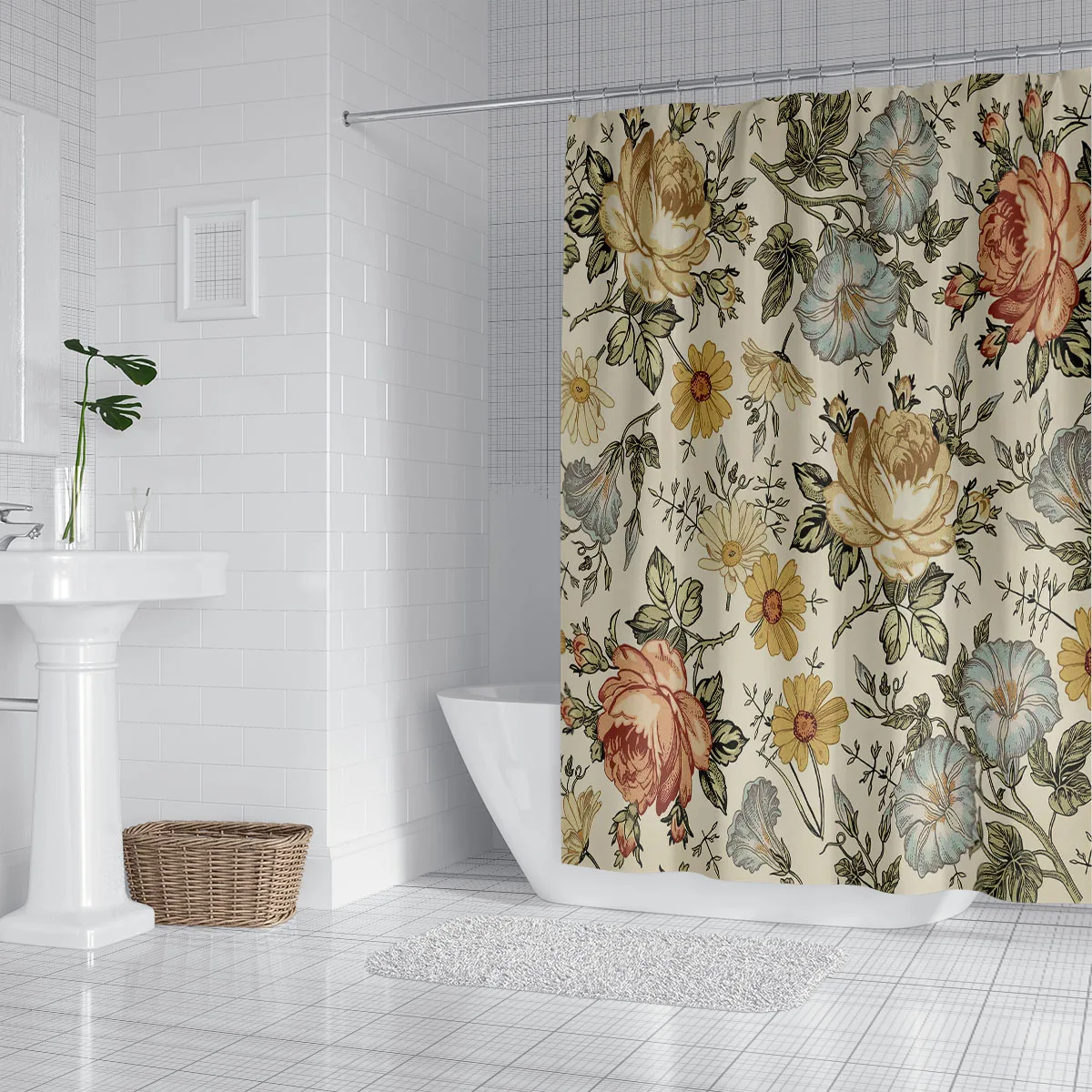 1PC retro flowers pattern printed shower curtain, waterproof and washable, with 12 hooks, suitable for bathroom showers, bathtu