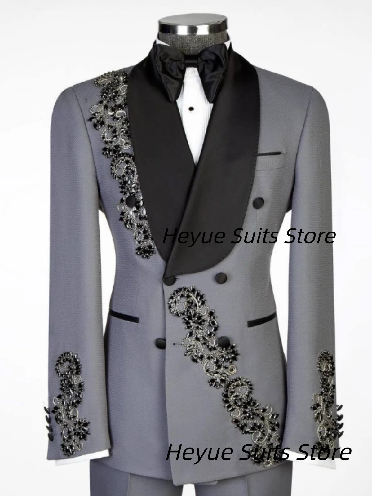 

Luxurious Gray Prom Men Suits Gorgeous Crystal Diamond Groom Wedding Tuxedos 2 Pieces Sets Male Party Blazers trajes para hombre