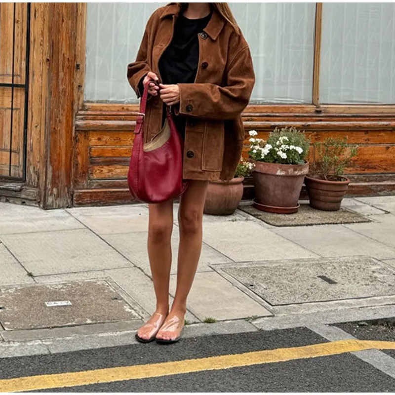 Vintage Brown Suede Leather Blazer Lapel Casual Single Breasted Loose Pocket Women Jacket 2024 Fall Fashion Commute Street Coats