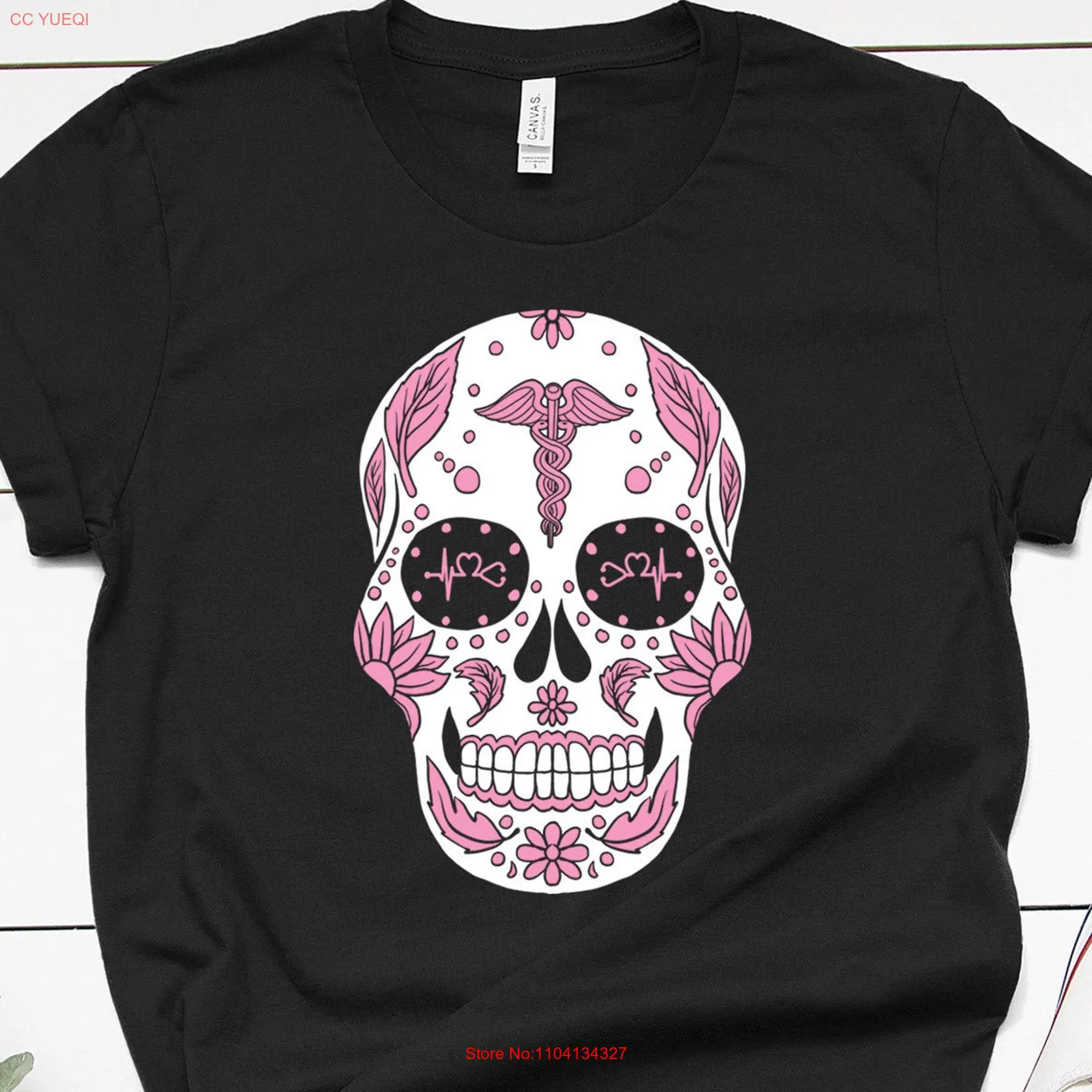 Caduceus and Stethoscpoe Sugar Pink Candy Skull Women Kids T shirt long or short sleeves