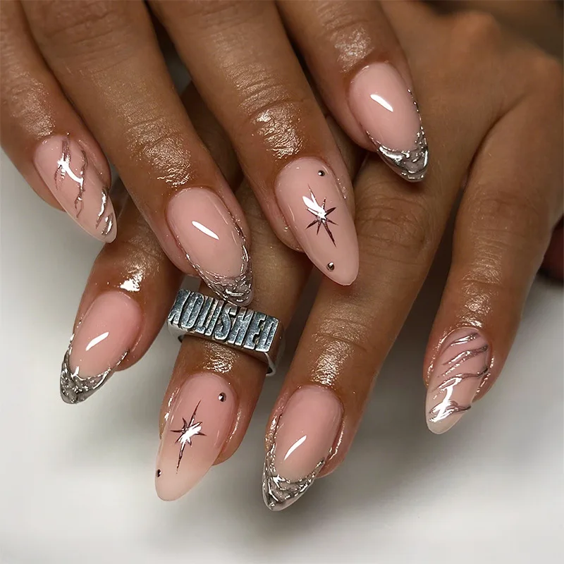 

24PCS Short Almond Shape Wearable Armor 3D Luxury French Side False Nails Ins Style High End Press on Fake Nails for Women Girls