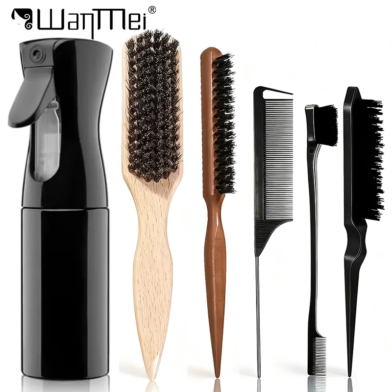 

5/6pcs Professional Wood Mane Bristle Hair Brush Fluffy Rat Tail Hair Edge Control Teasing Comb Beard Hair Styling Tools Salon