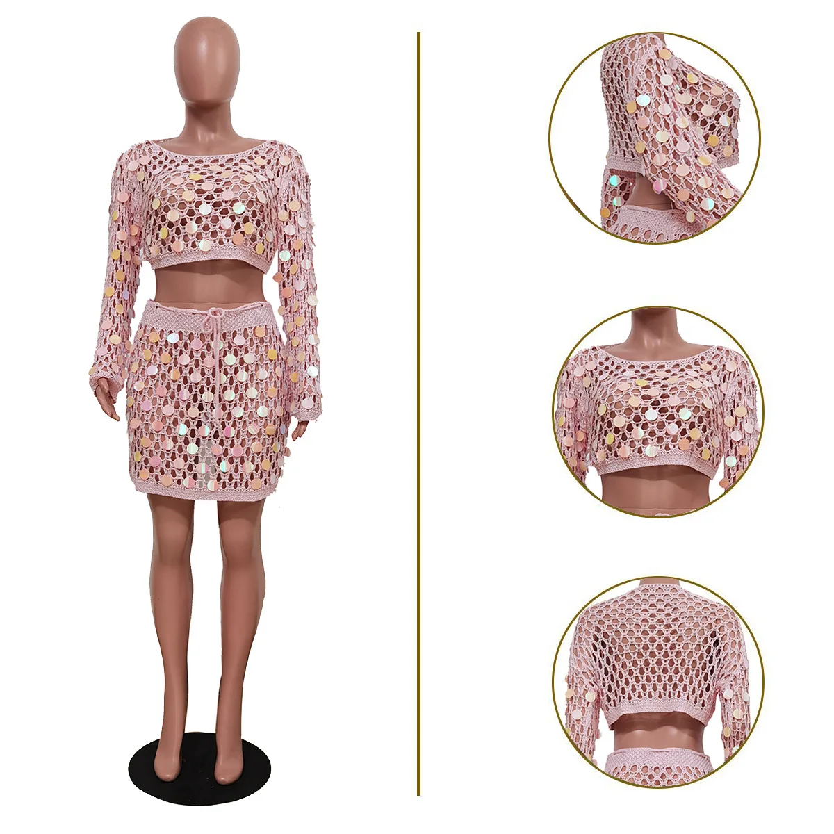 Knitted Sweater Dress Two Piece Skirt Sets 2024 Summer Women Clothes Sexy Crop Tops Sequin Elegant Knit Dress 2 Piece Set Outfit