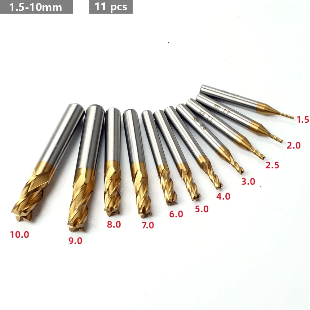 4 Flute Mill HSS Titanium End Mill Set 7/11 Pieces 1.5-1.0 mm CNC Milling Cutter for Wood Metal Steel Milling