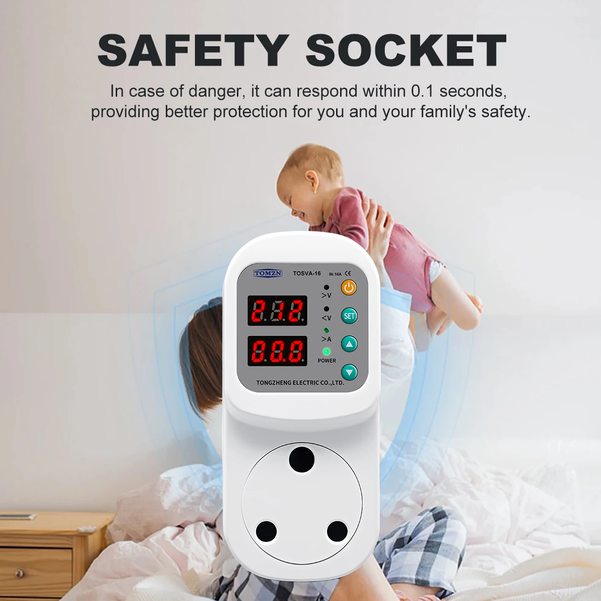 TOMZN TOSVA-16 Auto Voltage Current Protector AC110V 220V Adjustable 1-16A Big South Africa Plug Socket 0.1S CUT OFF