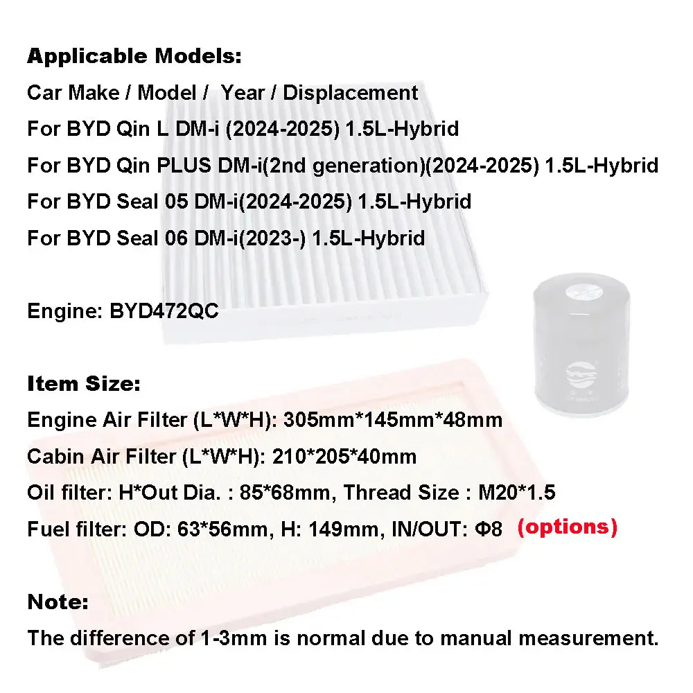 3-4pcs Filter Set For BYD Qin L Plus DM-i Hybrid 2024 2025 Seal 06 05 AC Interior Cabin Engine Air Oil Filter Kit Accessories
