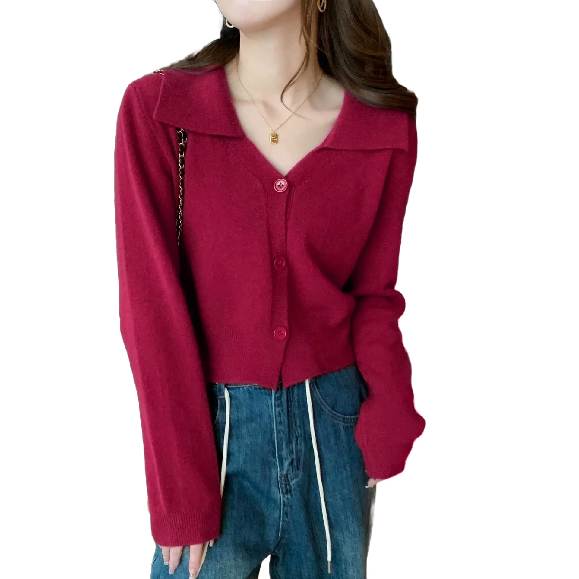 Knit Cropped For Top for Women in Solid Color with Lapel Finish and Single-Breasted Look Supporting For Slim Fit Silhouette