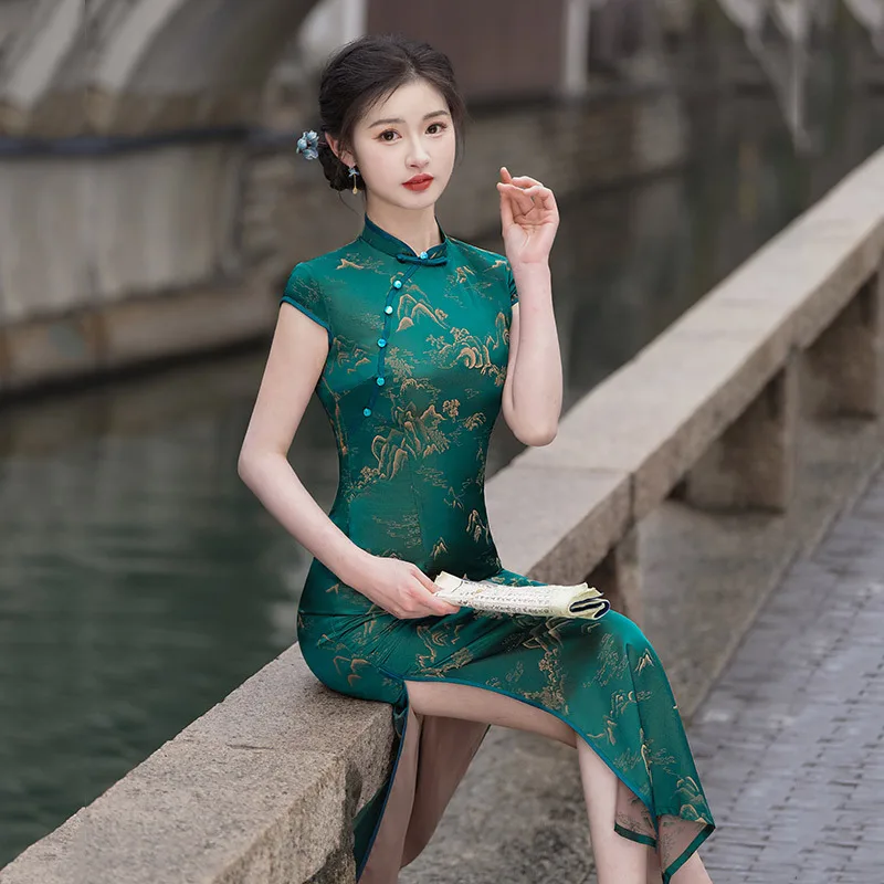 Women New Satin Cheongsam Chinese Style Female Vintage Sexy Long Dress Plus Size Qipao Short Sleeve Evening Dresses