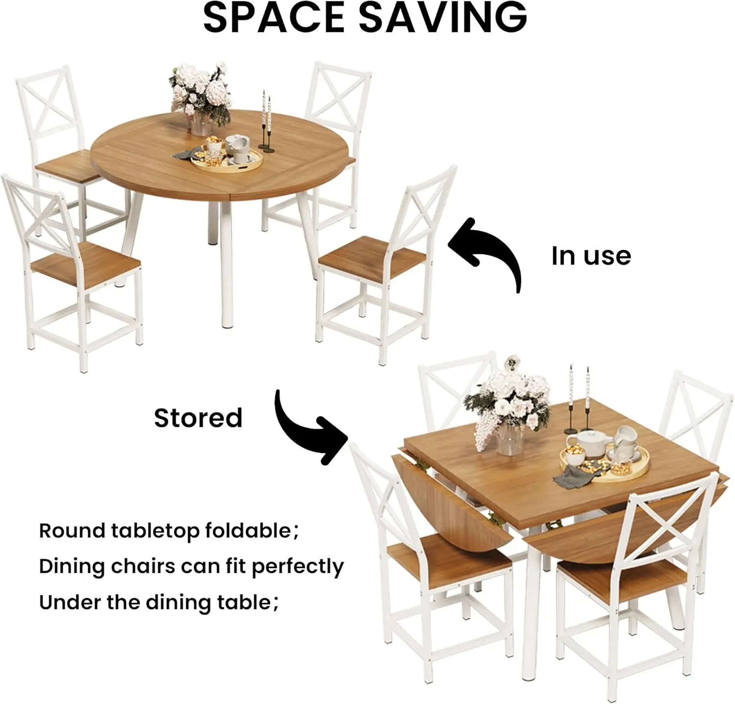 IRONCK Dining Table Set for 4, Round Kitchen Table & 4 Stool Chair for Dining Room, 44.5inch Drop Leaf Desk, Small Space Saving