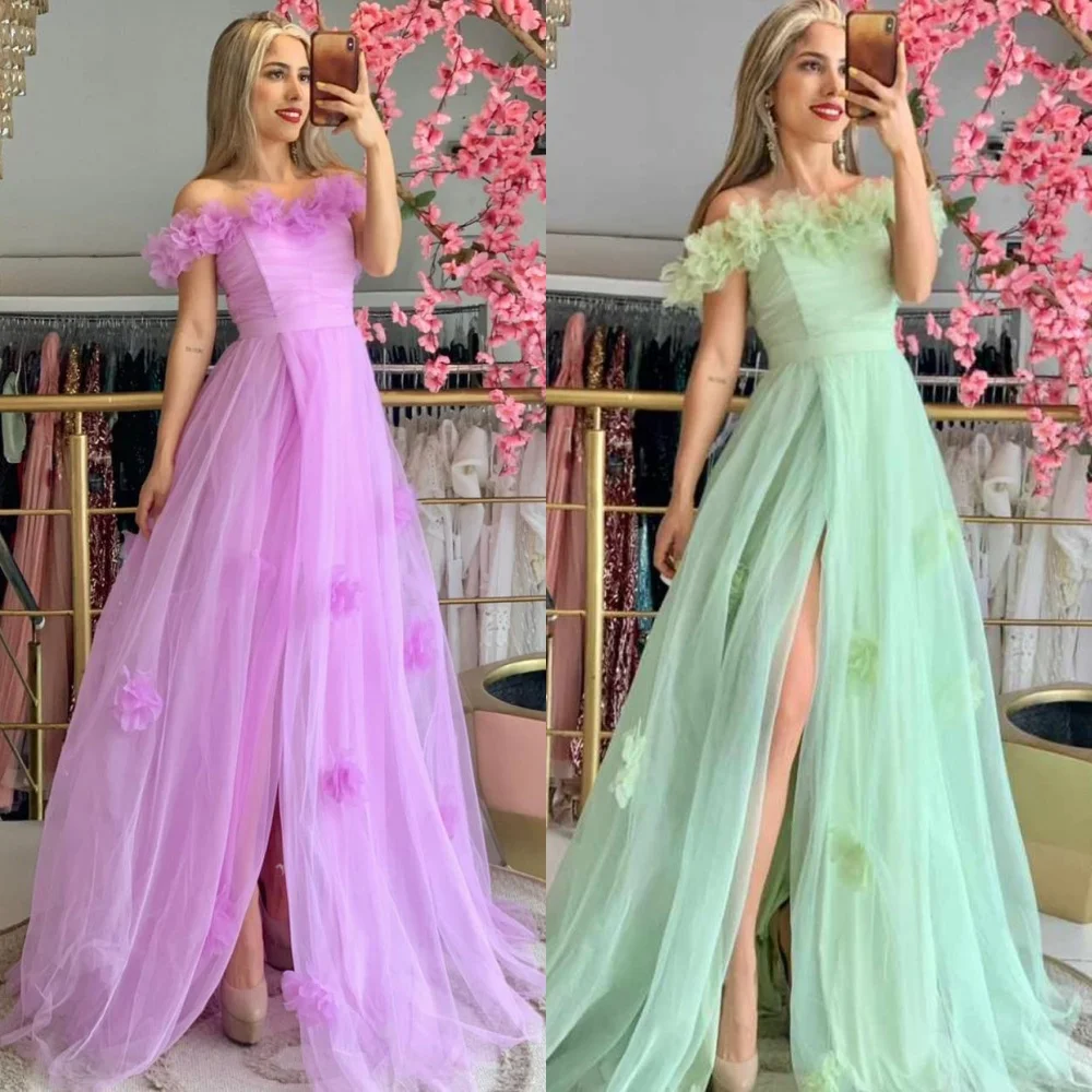 Abiti lunghi personalizzati in tulle drappeggiato con pieghe increspate Quinceanera A-line con spalle scoperte Abiti lunghi su misura