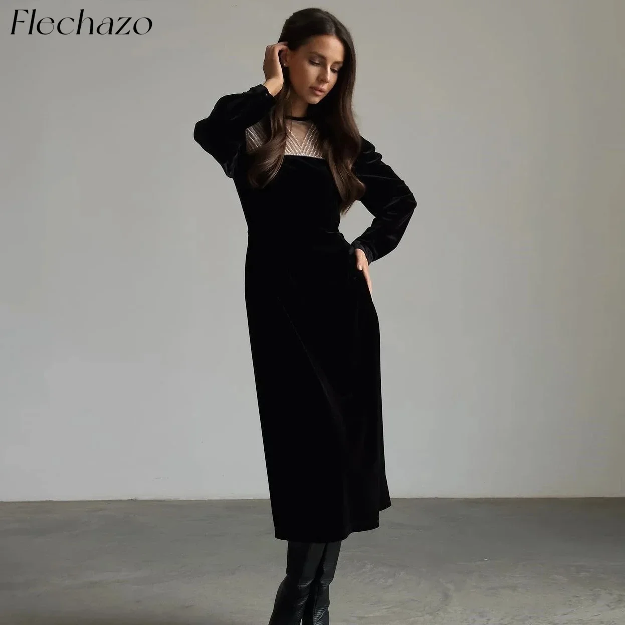 Flechazo Black Evening Dresses O Neck Illusion Ankle-Length Beading Formal Party Dress For Women 2024 vestidos de fiesta