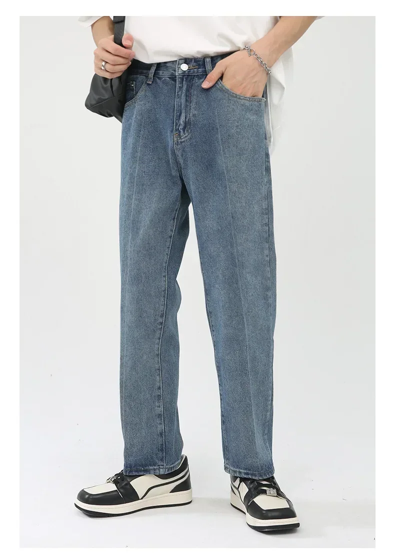 

Jeans Pant Men Denim Pants Loose Casual Straight Trousers Regular Button Pocket High Waist Splice Simple Autumn Winter 2025