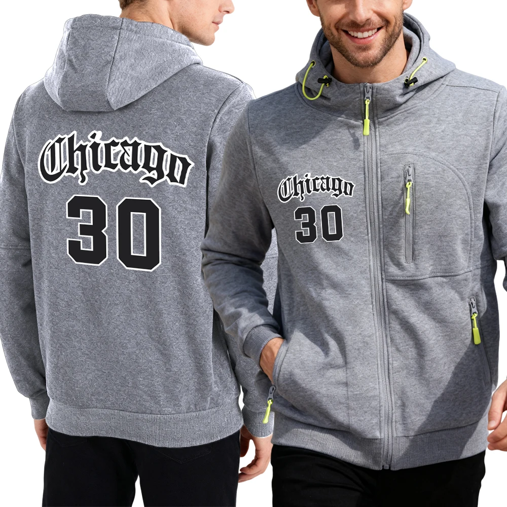 

Chicago Letter Number 30 Print Autumn Men Zipper Hooded Sportswear Fashion Street Clothing Loose Casual Hoodies Fleece Soft Coat