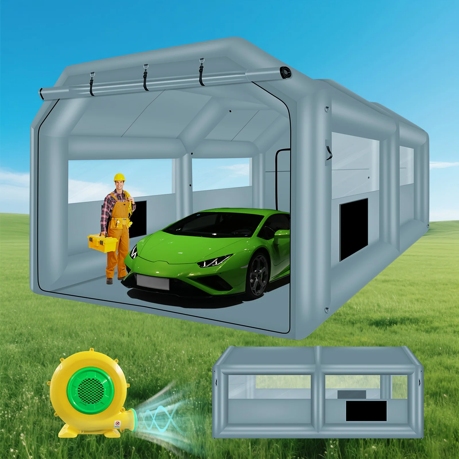 

13.5ft /20ft Inflatable Paint Booth with 750W /1100W Blowers Ventilated Mesh Windows for Car Painting Workstation & Outdoor Use