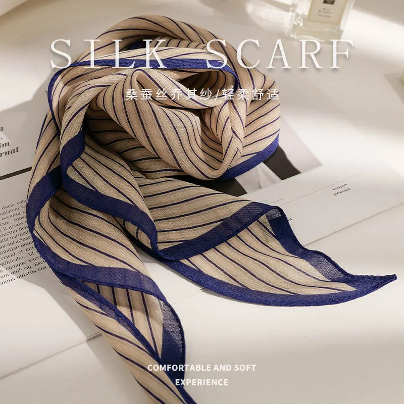 100-シルクスカーフダイヤモンドストライプ高級スカーフデザイナー薄い夏の女性のアクセサリー狭いシルクスカーフレディースネックエレガントな女性
