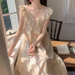 Lace Solid Sweet Summer Sleeveless NightDress Women Korean Style Sleep Tops Home  Kawaii Princess Elegant Casual  Loose Ins