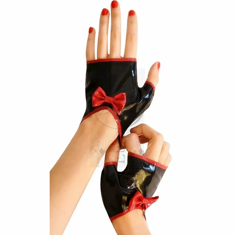 

Black And Red Sexy Fingerless Short Latex Gloves With Bows Stripes Domed Rubber Mittens
