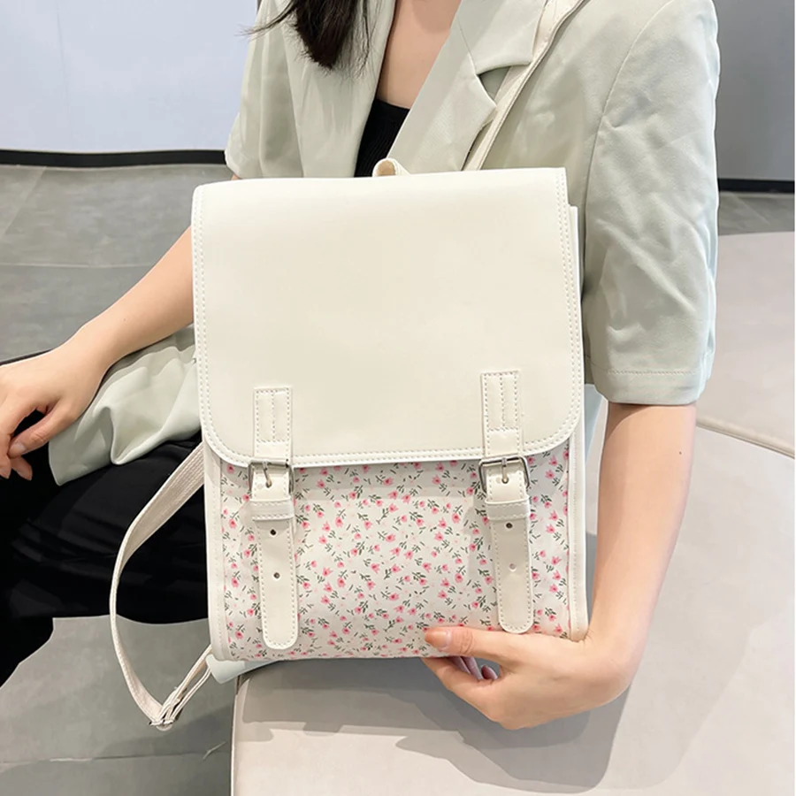 Fashion Flap Backpack PU Leather Flower School Bagpack College Travel Commuter Bag Shoulder Bag for Women Girl Daily Use Satchel