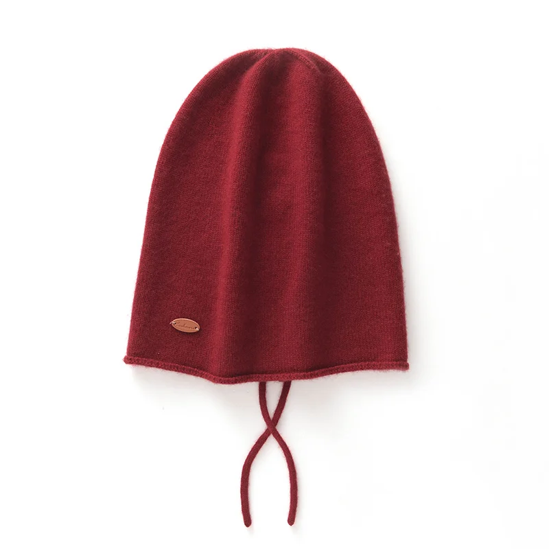 

High Quality 35% Cashmere Knitted Hat for Women Winter Beanies Soft Warm Drawstring Outdoor Cap Female Skullies Solid Hats