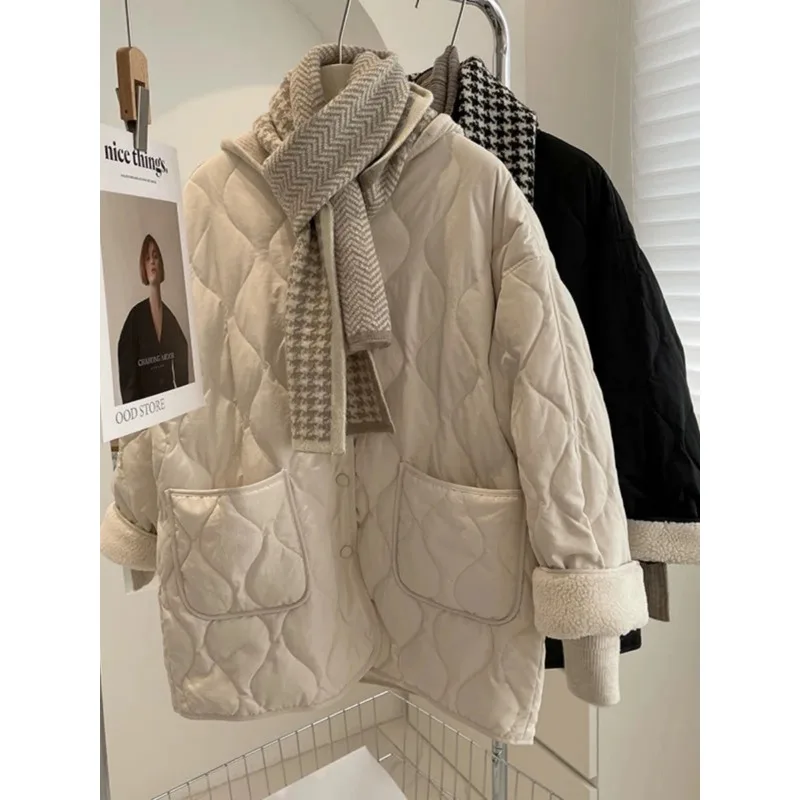 Lamb Wool Patchwork down Jacket Cotton-padded Clothes Women 2024 Winter Korean Sle Loose Rhombus Lightweight Warm Cotton-Pa...