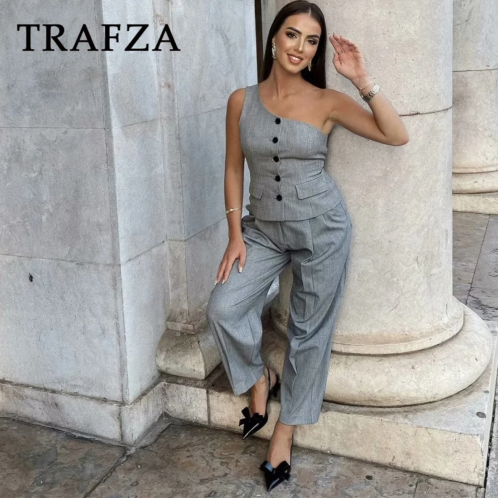 TRAFZA 2024 Autumn Winter Women Vintage Solid Suits Fashion Casual Skew Collar Sleeveless Button Vests+Straight Pencil Pants