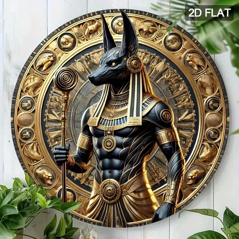 2D Flat Ancient Egyptian God Anubis Round Metal Sign Vintage Golden Mystical Rustic Tin Plate Wall Decor 1pc