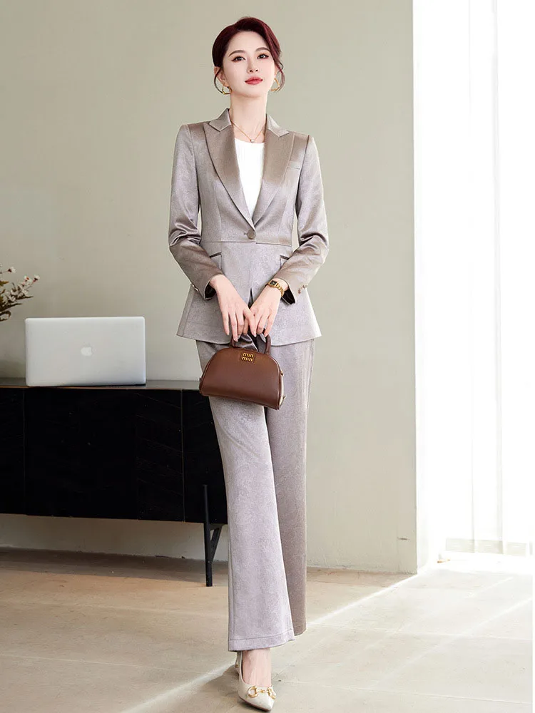 Women Blazer Pants Sets Silver Beige Two Pieces 2025 Autumn Workwear Trousers Formal Striped Navy Blue Long Sleeve Tops Pantsuit