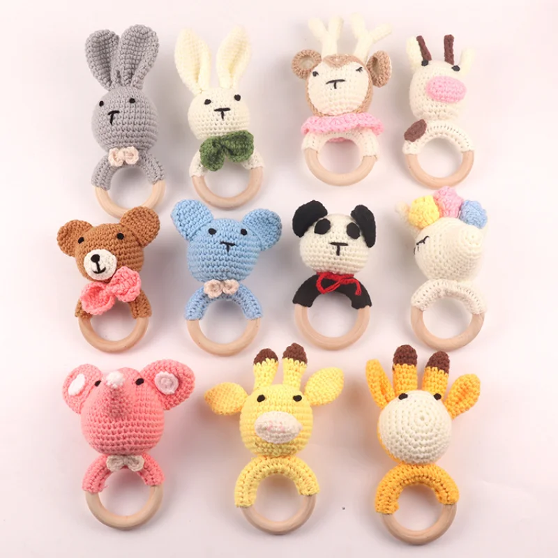 1Pc Baby Crochet Animals Ratter Toys Wooden Teether Rattle Toy Amigurumi Teether Baby Rattles Gifts BPA Free