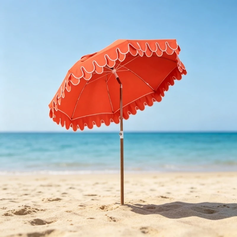 6.6-Foot Beach Umbrella Coastal Coral Red Fringe Bohemian UV 50 + Sunshade Fan Edge Button Tilt Handbag Dark Brown Wood Veneer