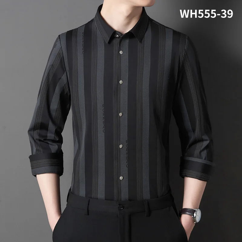 High Elasticity Solid color Classic stripes White Shirts Men Long Sleeve Casual Slim Fit Anti-wrinkle Men Shirts Men Long Sleeve