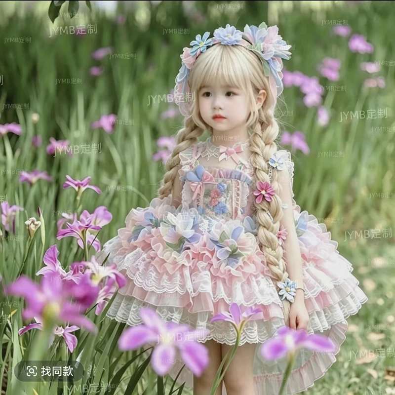 

Baby Girl Summer Pink Sweet Lolita Lace Princess Ball Gown Floral Lace Cake Sundress Birthday Holiday Party Eid Childen Clothin